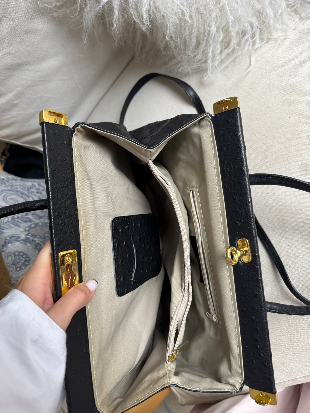 Black Ostrich Leather Bag with Golden Details