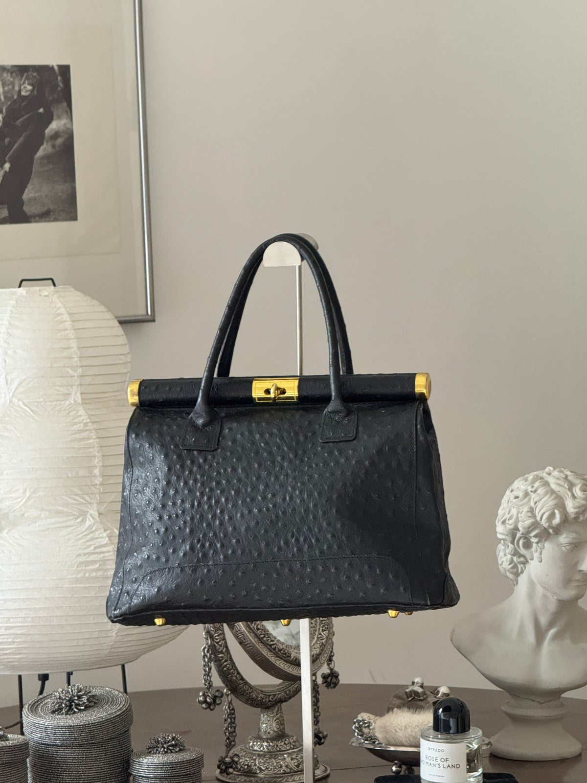 Black Ostrich Leather Bag with Golden Details