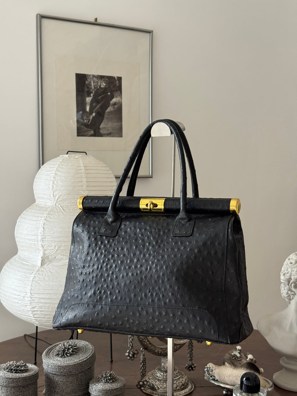 Black Ostrich Leather Bag with Golden Details