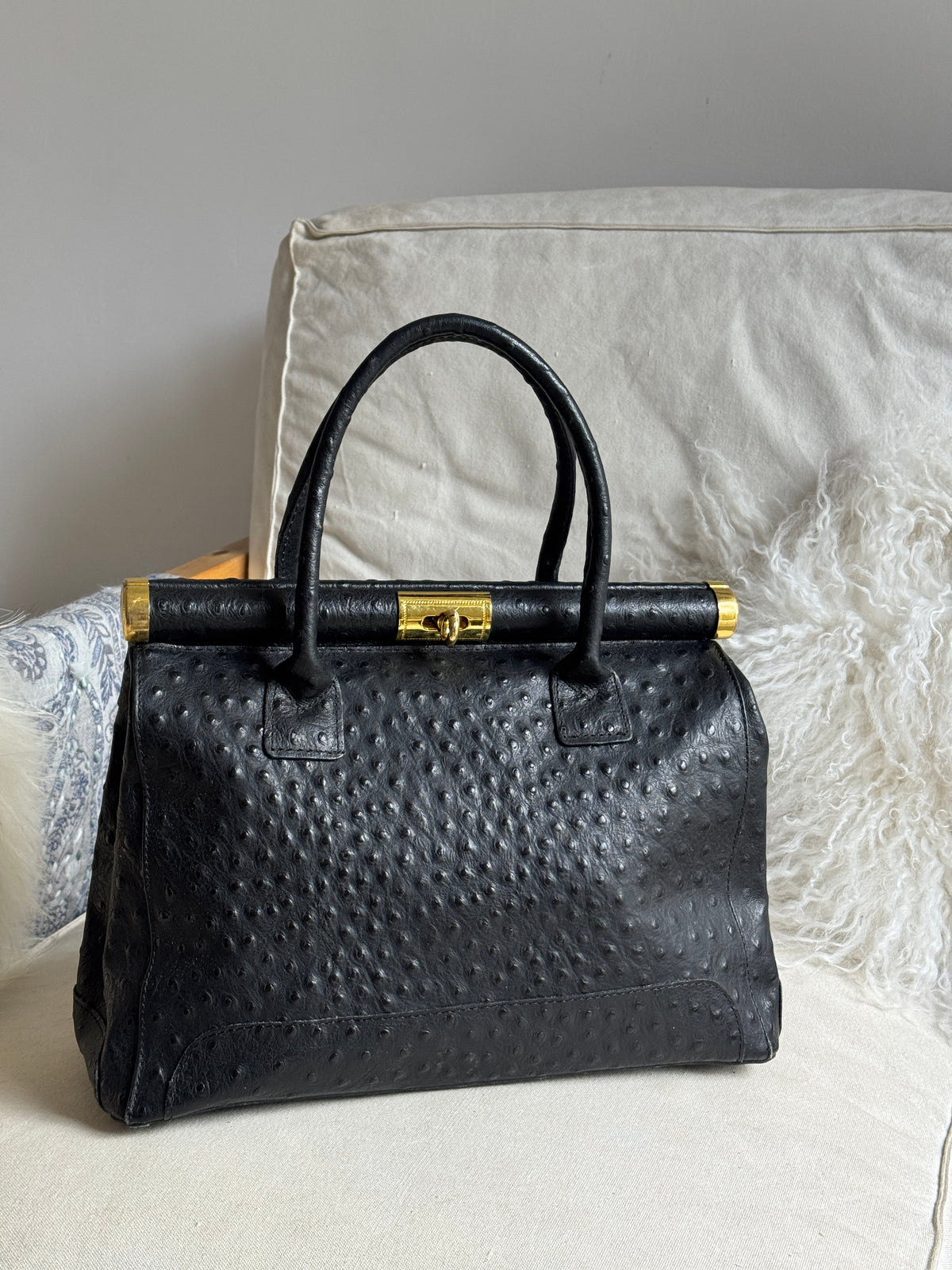 Black Ostrich Leather Bag with Golden Details