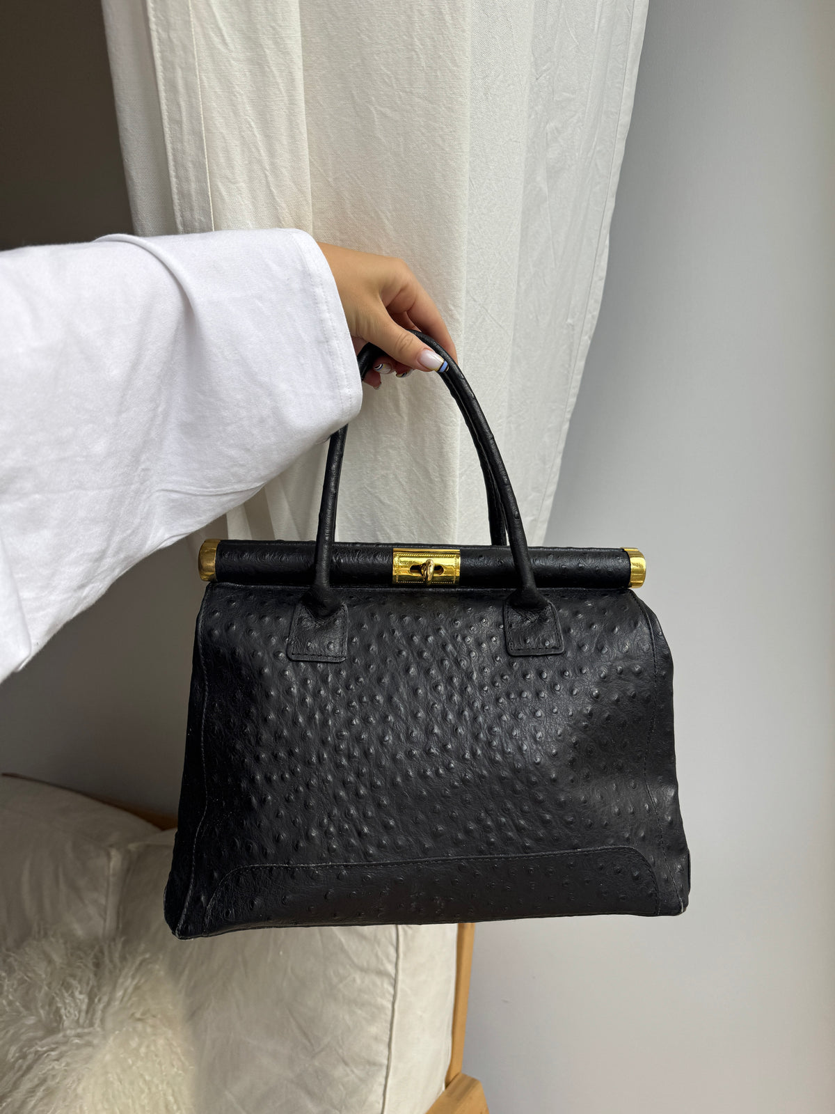 Black Ostrich Leather Bag with Golden Details
