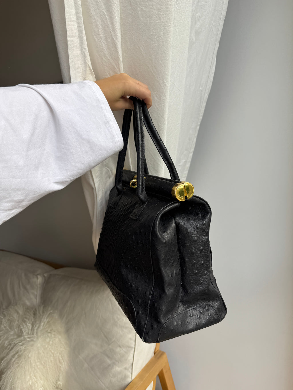 Black Ostrich Leather Bag with Golden Details