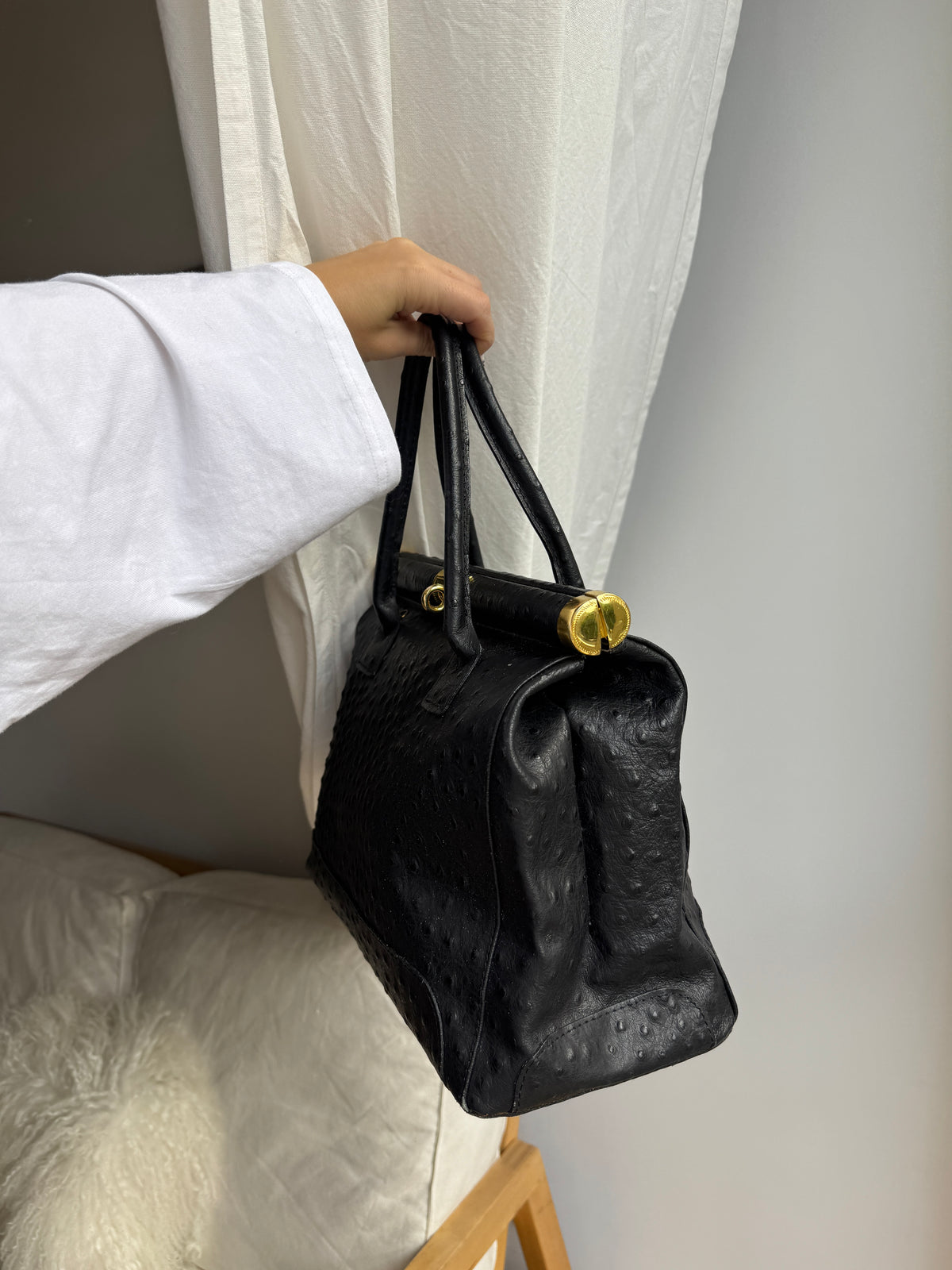 Black Ostrich Leather Bag with Golden Details