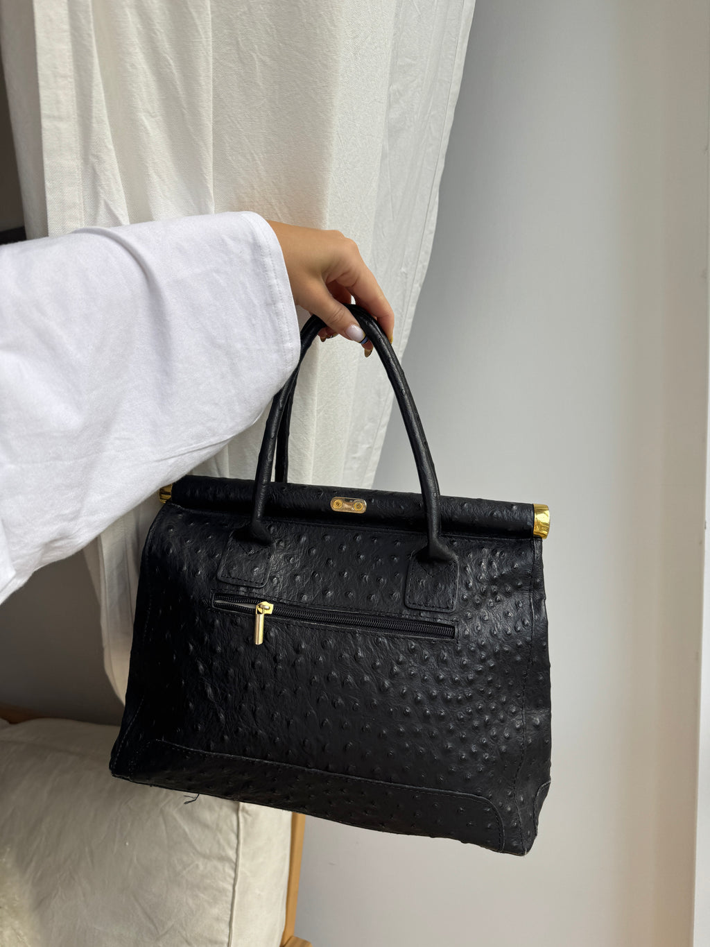 Black Ostrich Leather Bag with Golden Details