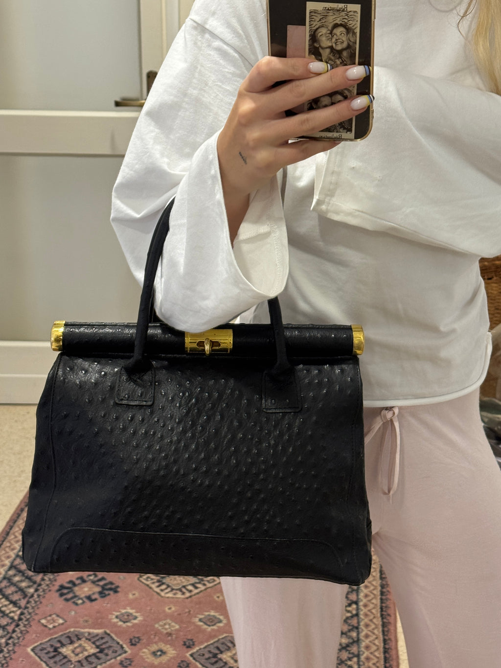 Black Ostrich Leather Bag with Golden Details