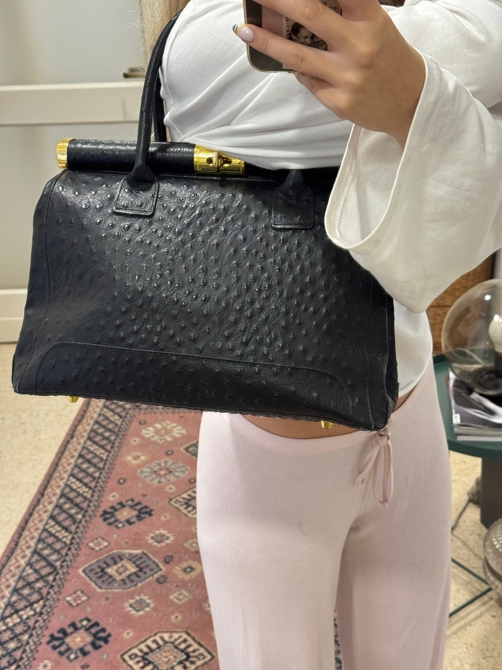 Black Ostrich Leather Bag with Golden Details