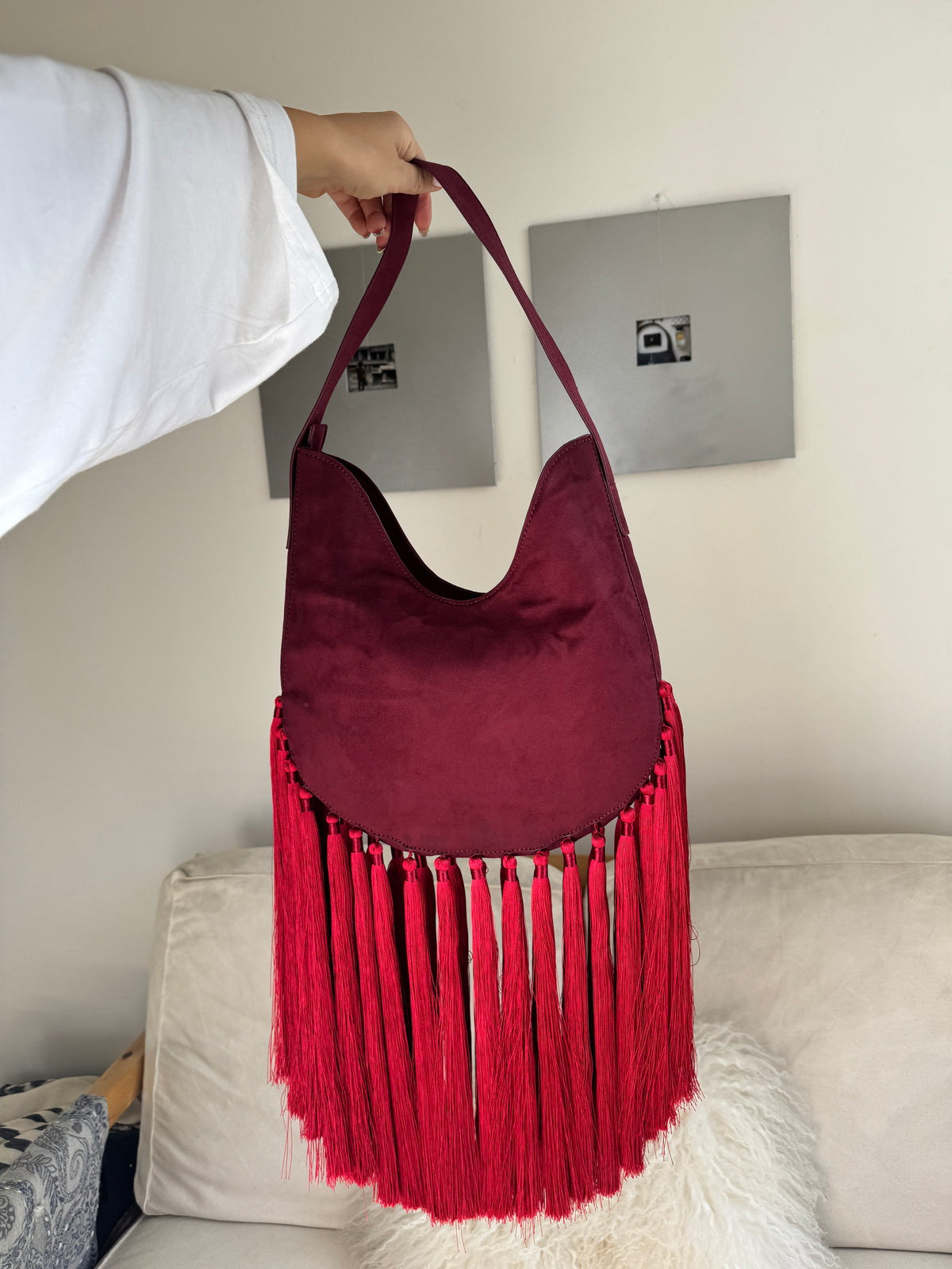 Red Hobo Bag with Fringes
