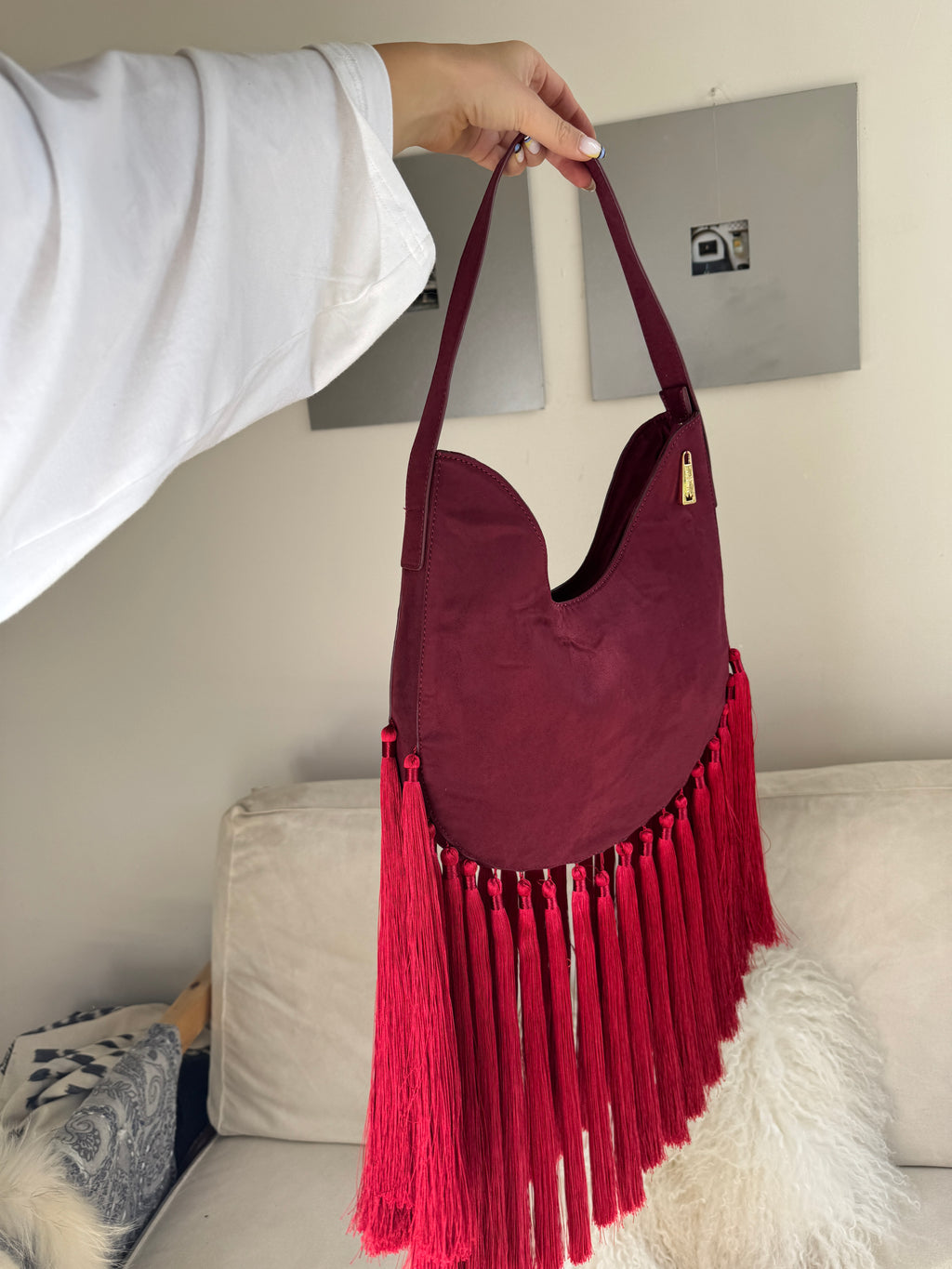 Red Hobo Bag with Fringes