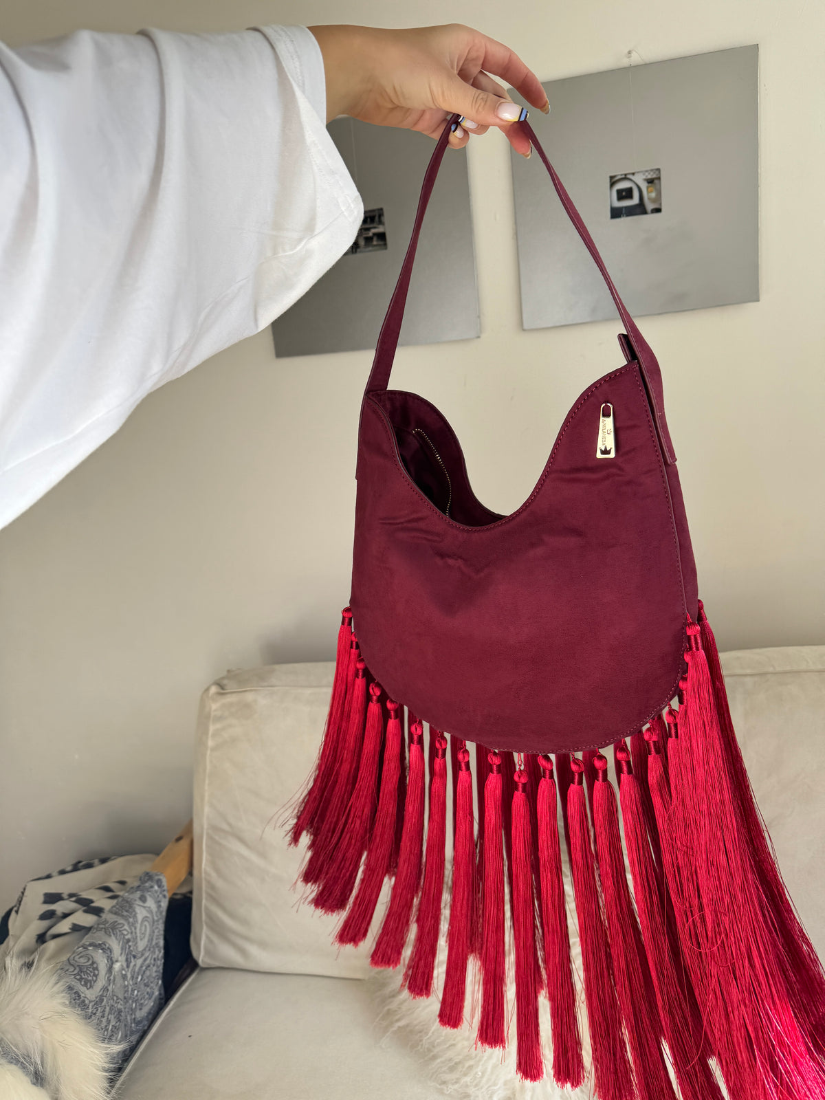 Red Hobo Bag with Fringes