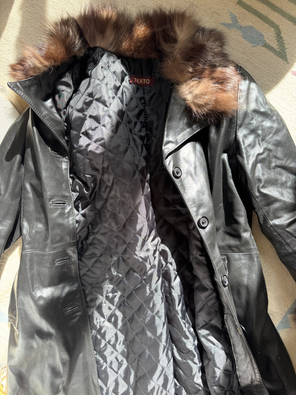 Black Leather Coat with Fur Details