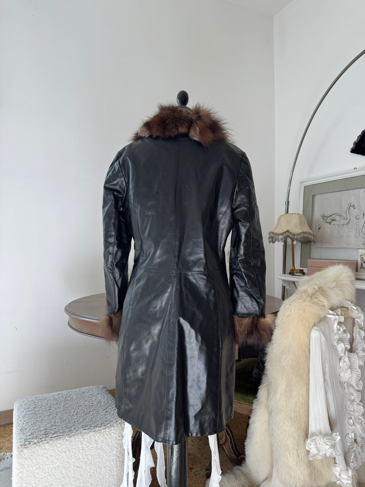 Black Leather Coat with Fur Details