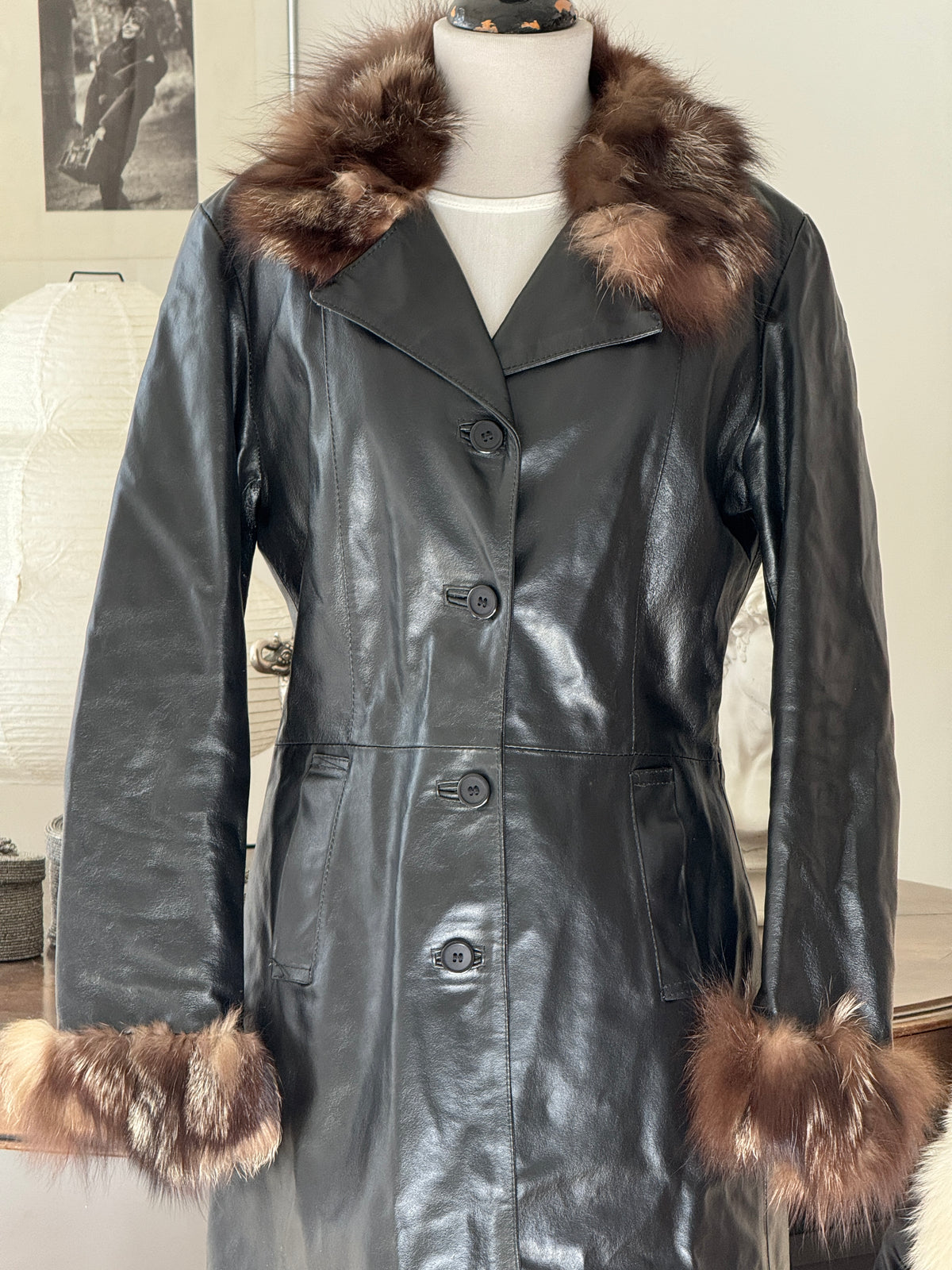 Black Leather Coat with Fur Details