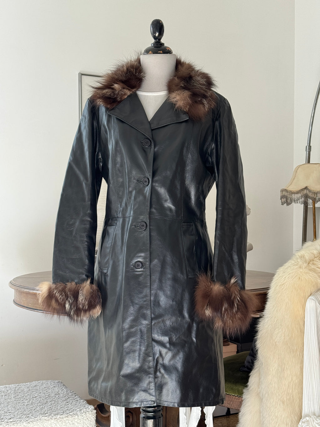 Black Leather Coat with Fur Details