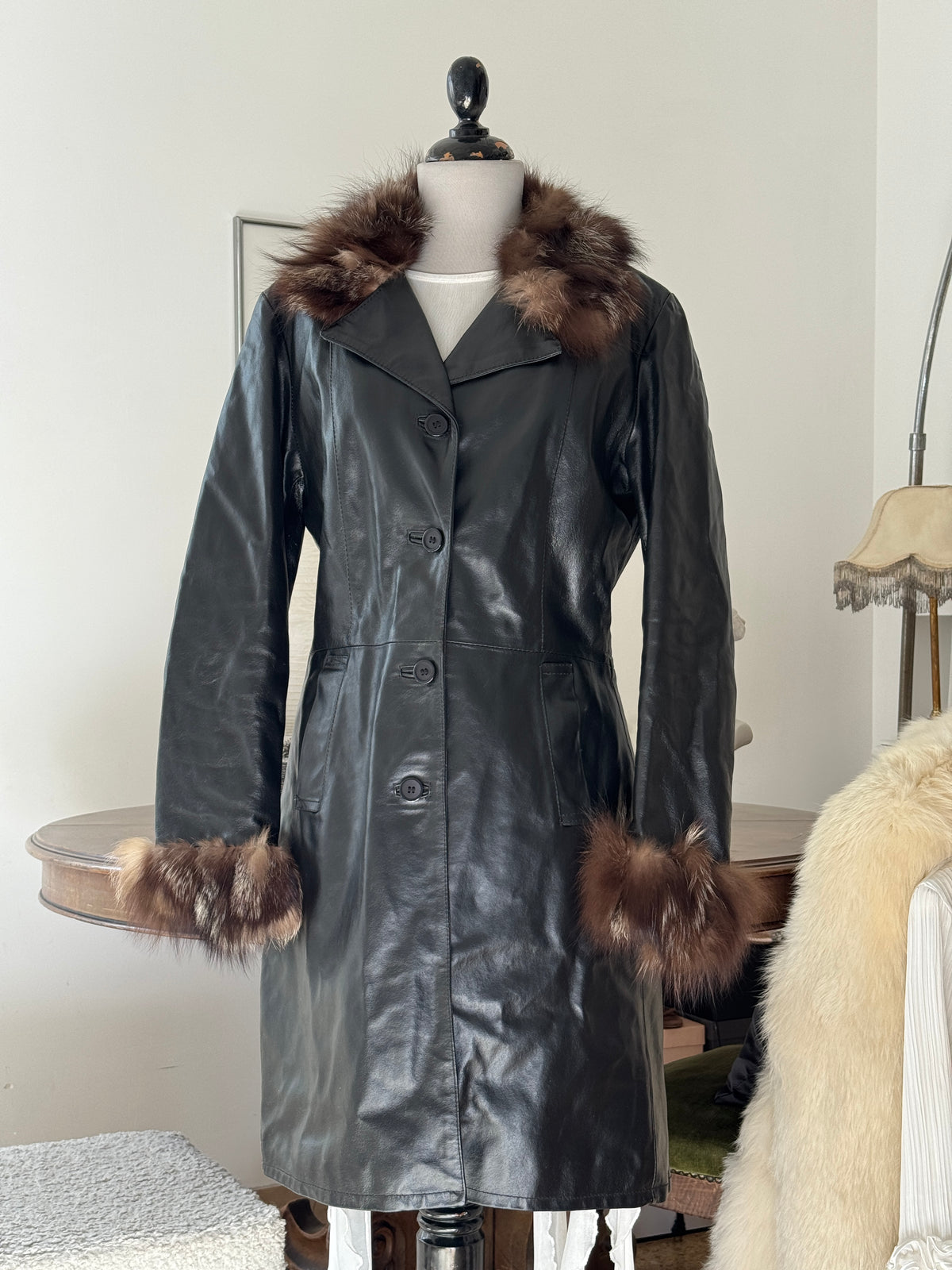 Black Leather Coat with Fur Details