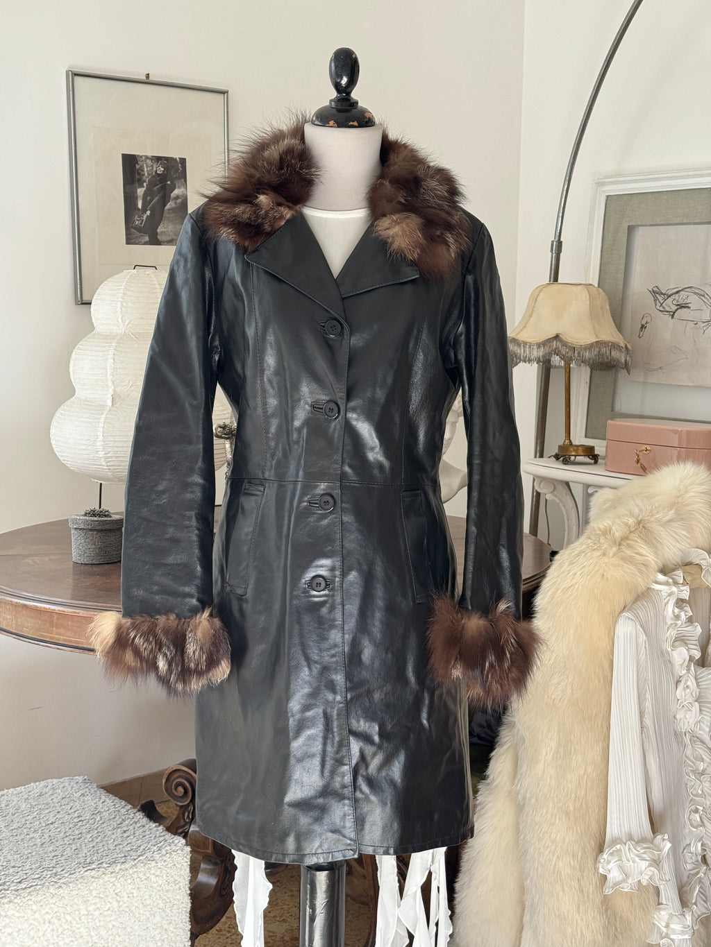 Black Leather Coat with Fur Details