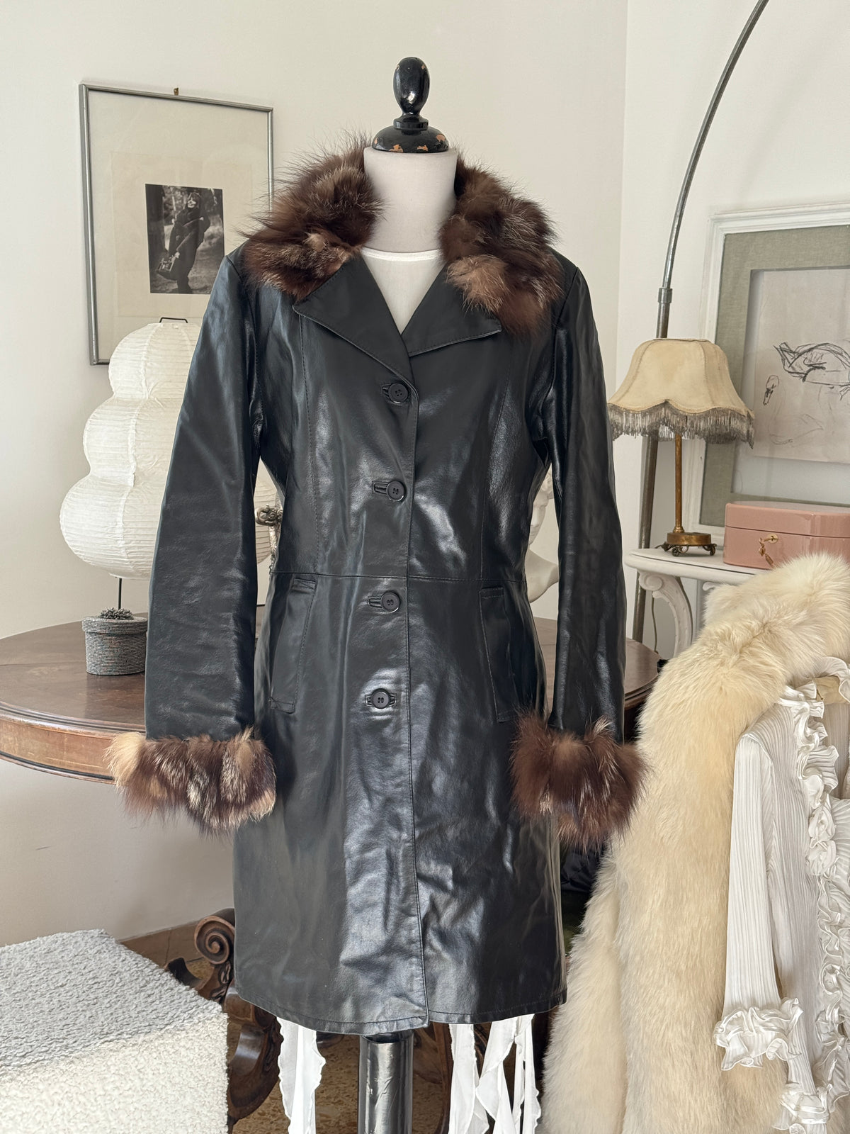 Black Leather Coat with Fur Details