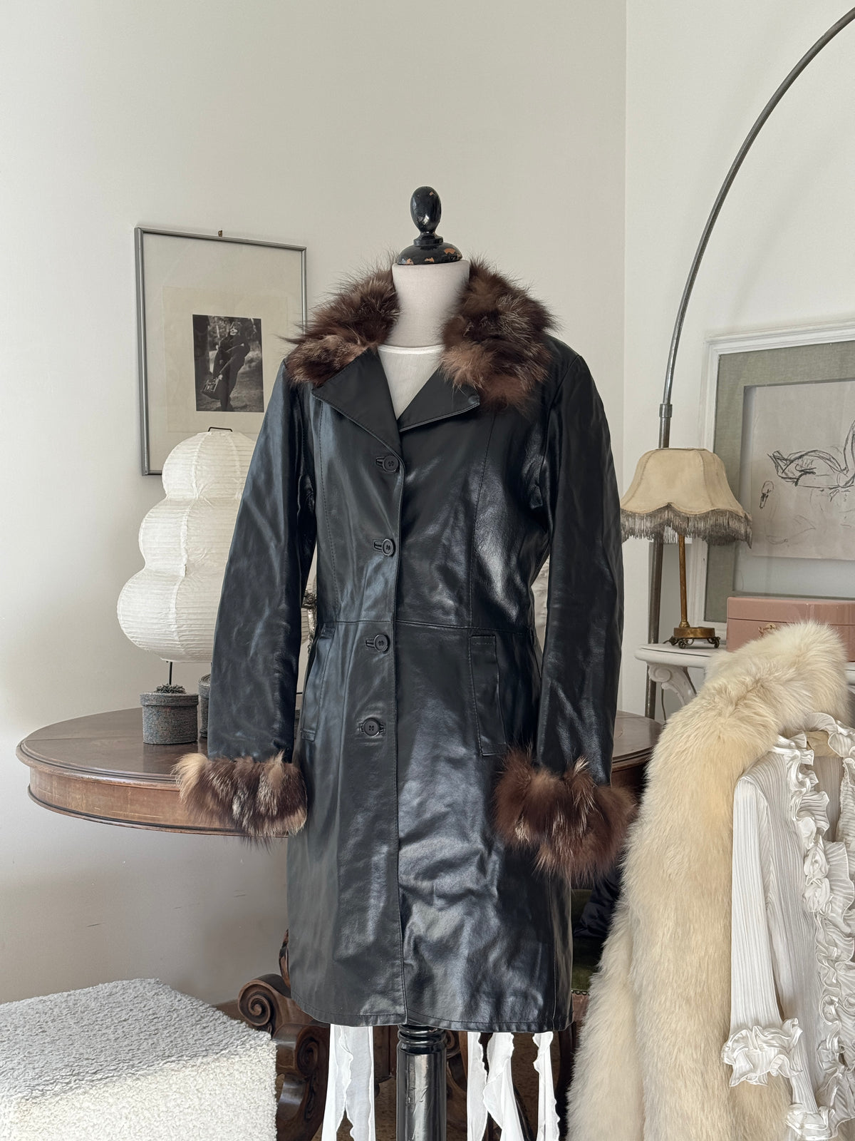 Black Leather Coat with Fur Details
