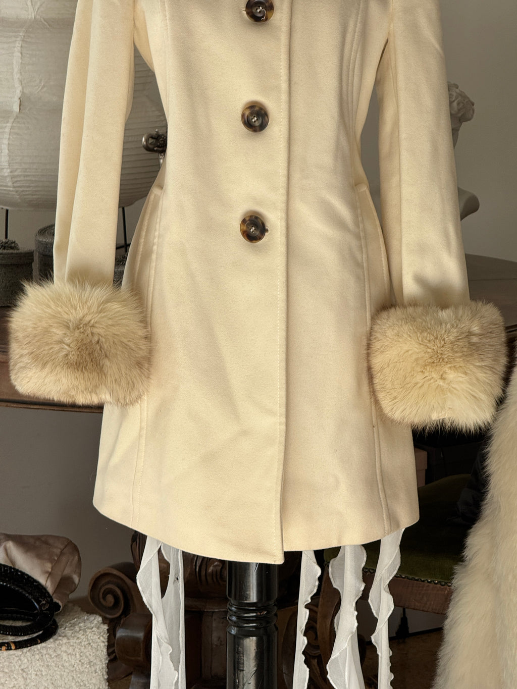 Creme 70´s Wool Coat with Detachable Fur Cuffs