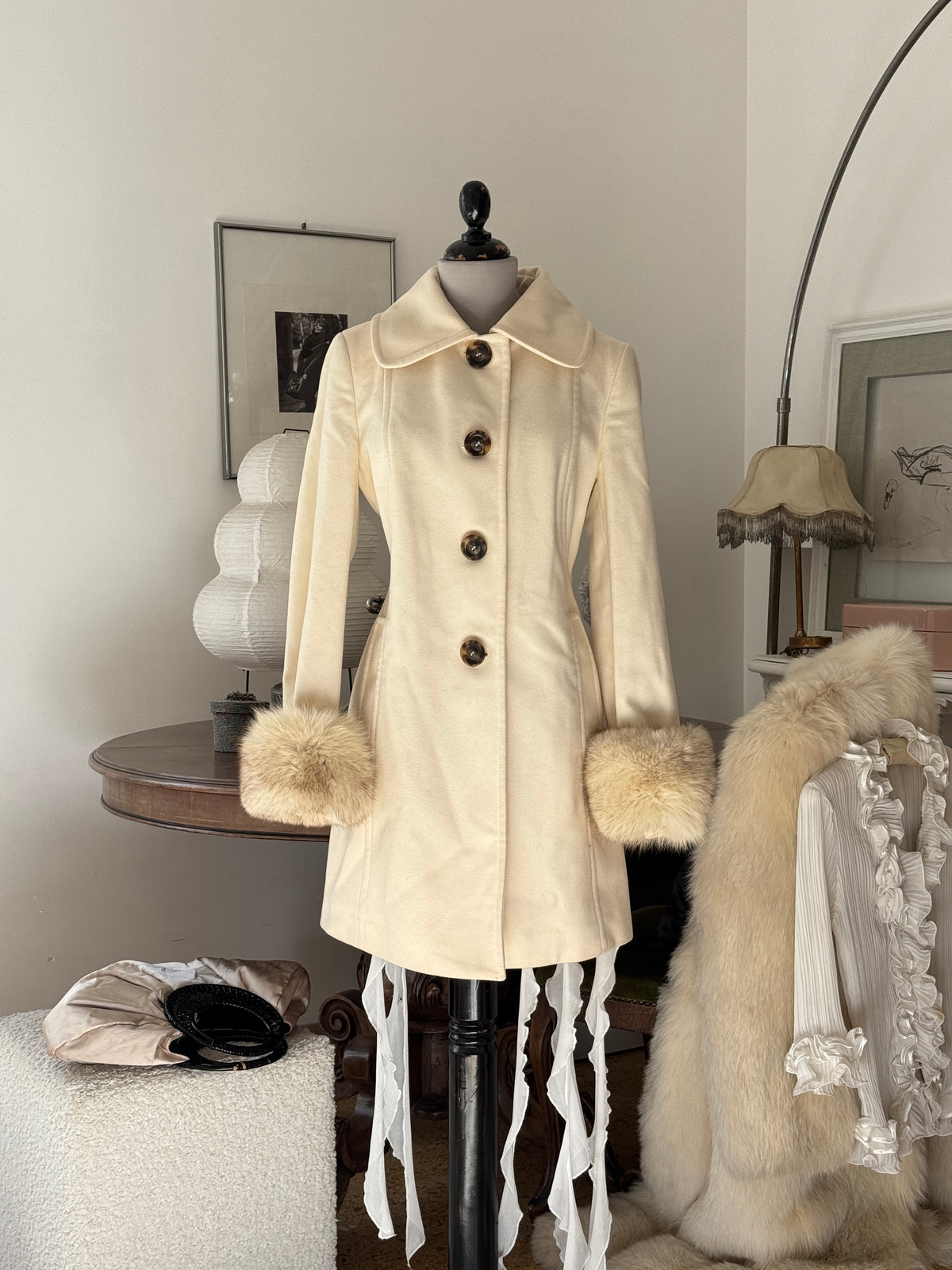 Creme 70´s Wool Coat with Detachable Fur Cuffs
