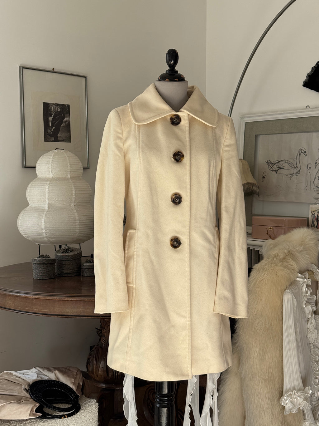 Creme 70´s Wool Coat with Detachable Fur Cuffs