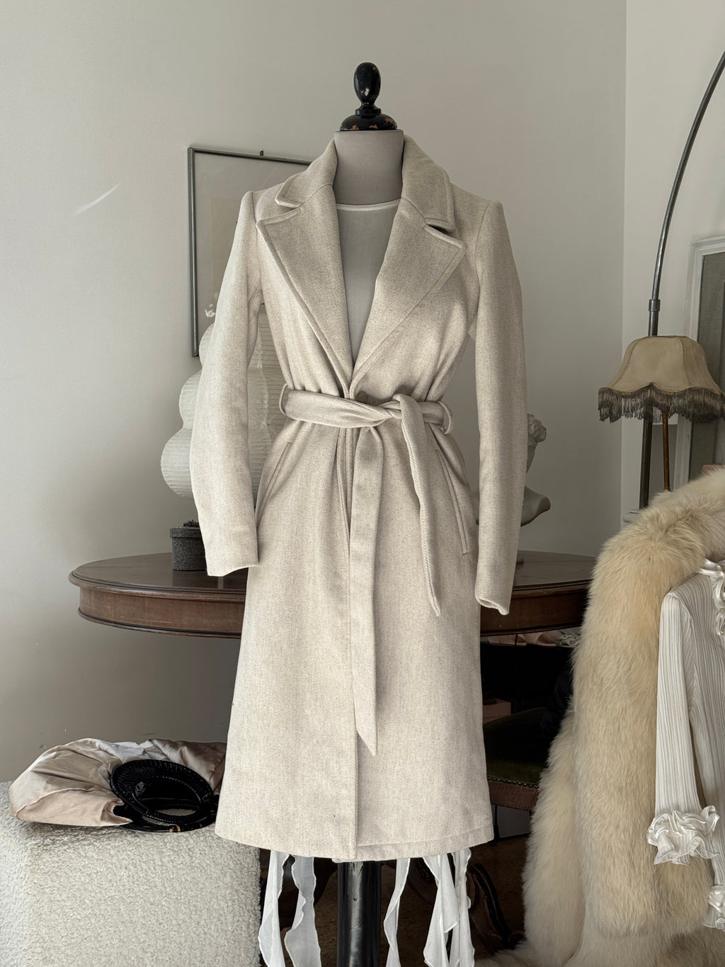Grey Wool Coat with Detachable Fur Cuffs