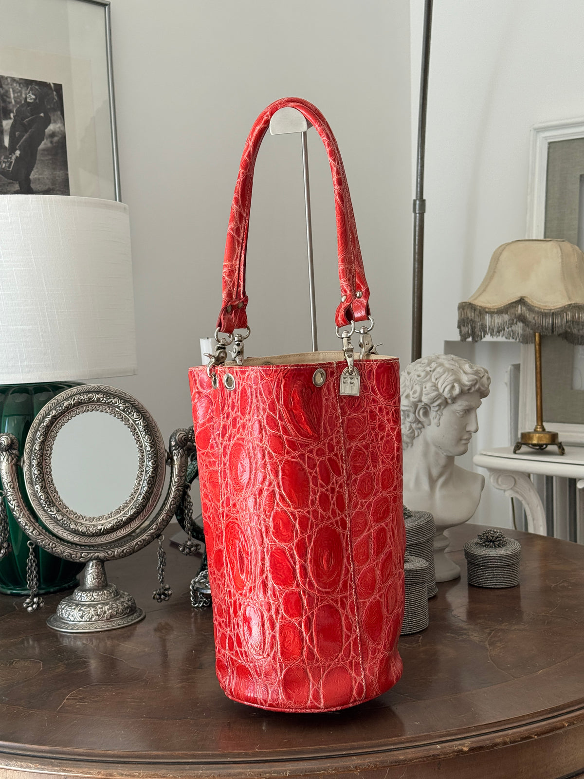 Red Leather Shoulder Bag in Croco