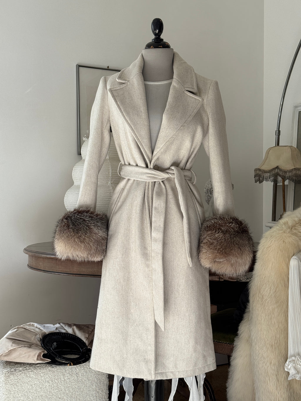 Grey Wool Coat with Detachable Fur Cuffs