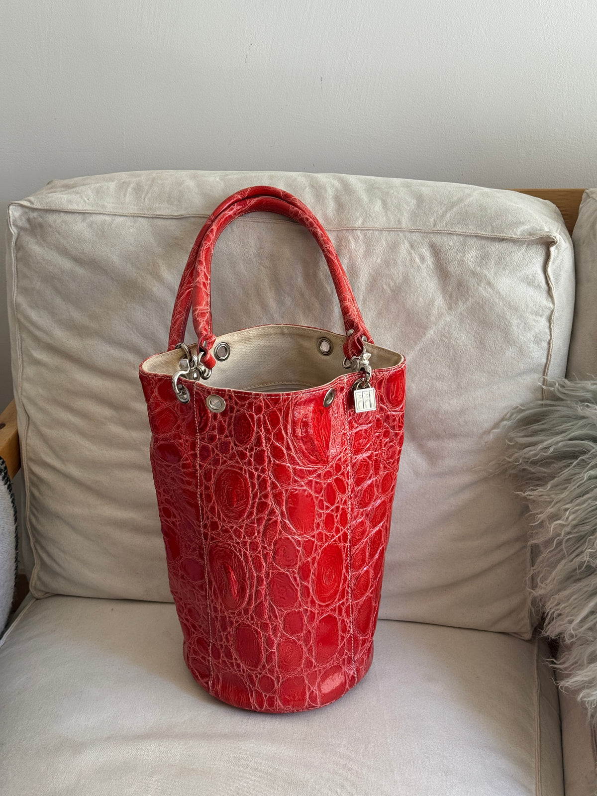 Red Leather Shoulder Bag in Croco