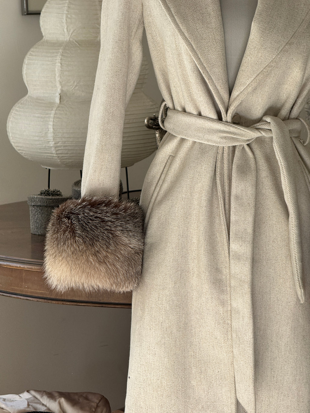Grey Wool Coat with Detachable Fur Cuffs