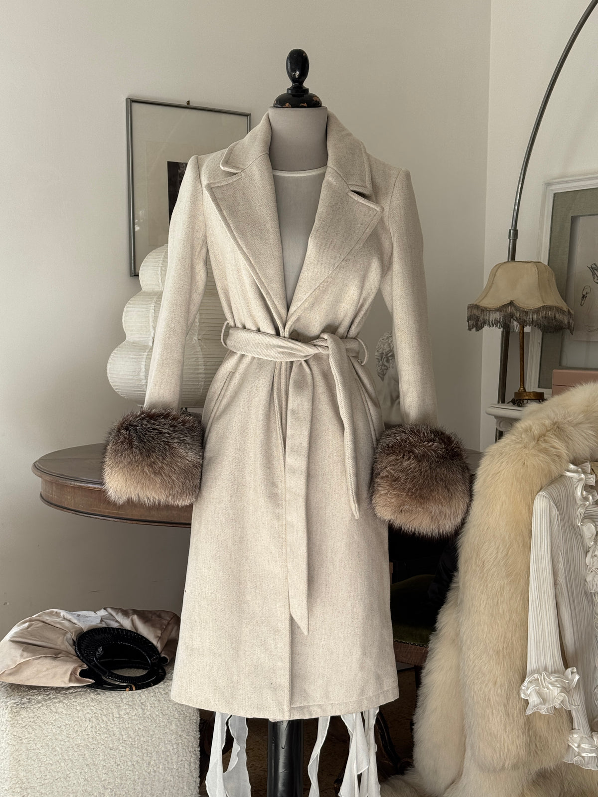 Grey Wool Coat with Detachable Fur Cuffs