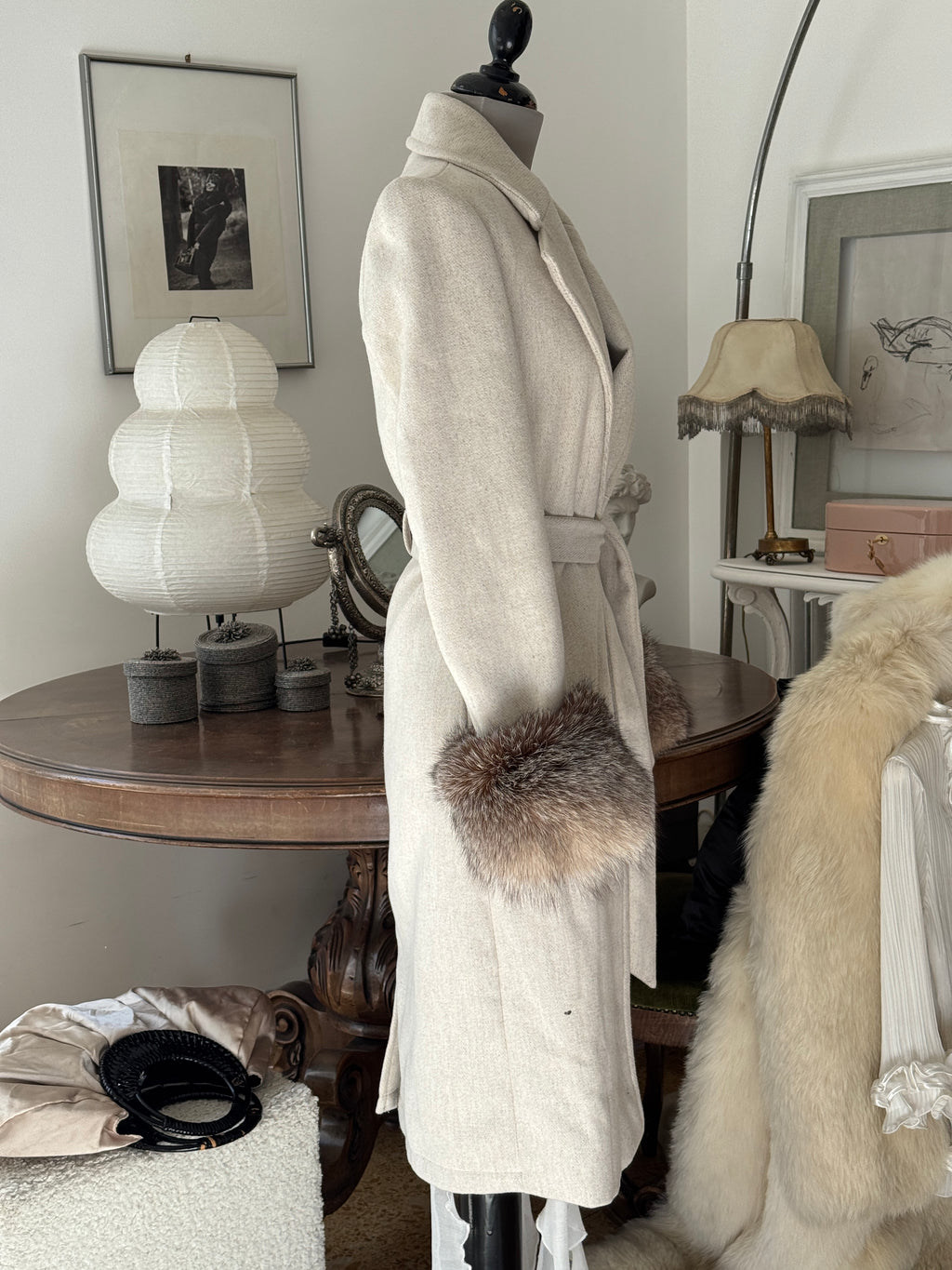 Grey Wool Coat with Detachable Fur Cuffs