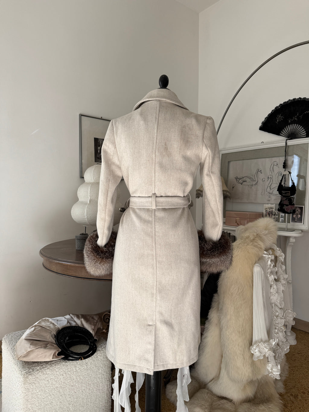 Grey Wool Coat with Detachable Fur Cuffs
