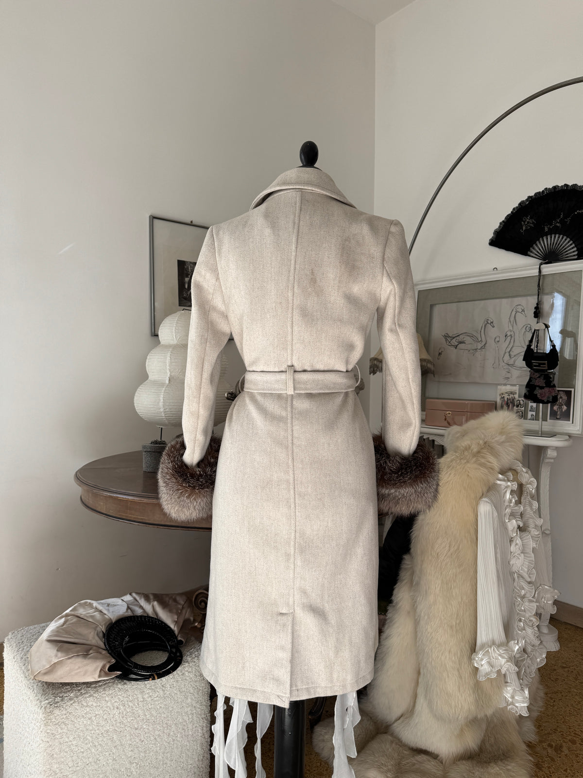 Grey Wool Coat with Detachable Fur Cuffs