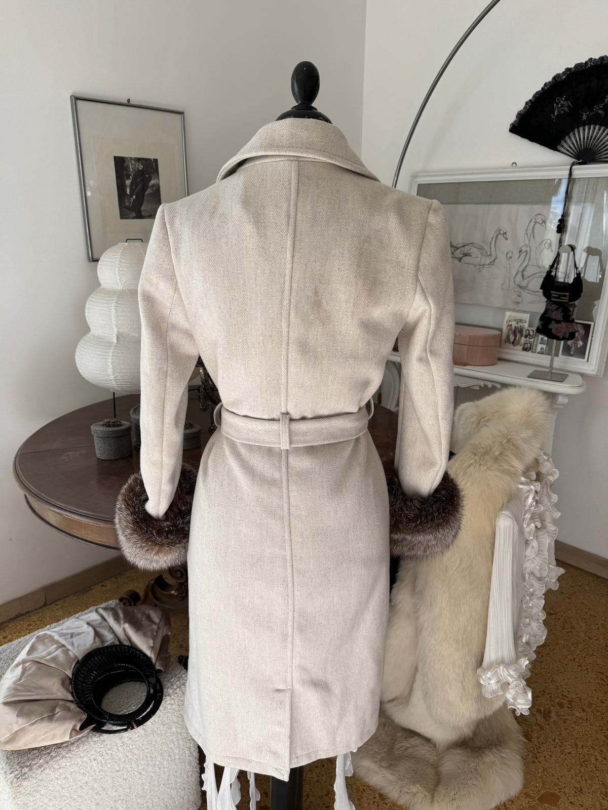 Grey Wool Coat with Detachable Fur Cuffs