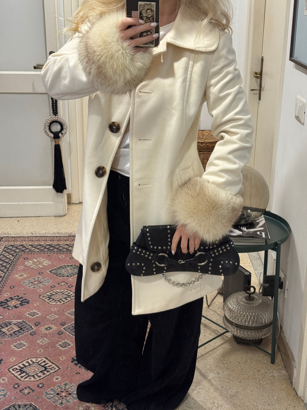 Creme 70´s Wool Coat with Detachable Fur Cuffs