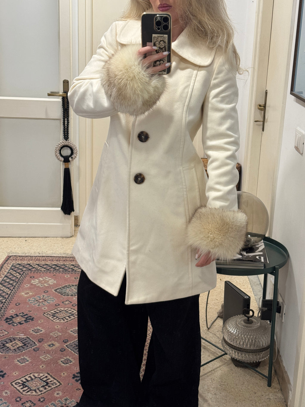 Creme 70´s Wool Coat with Detachable Fur Cuffs