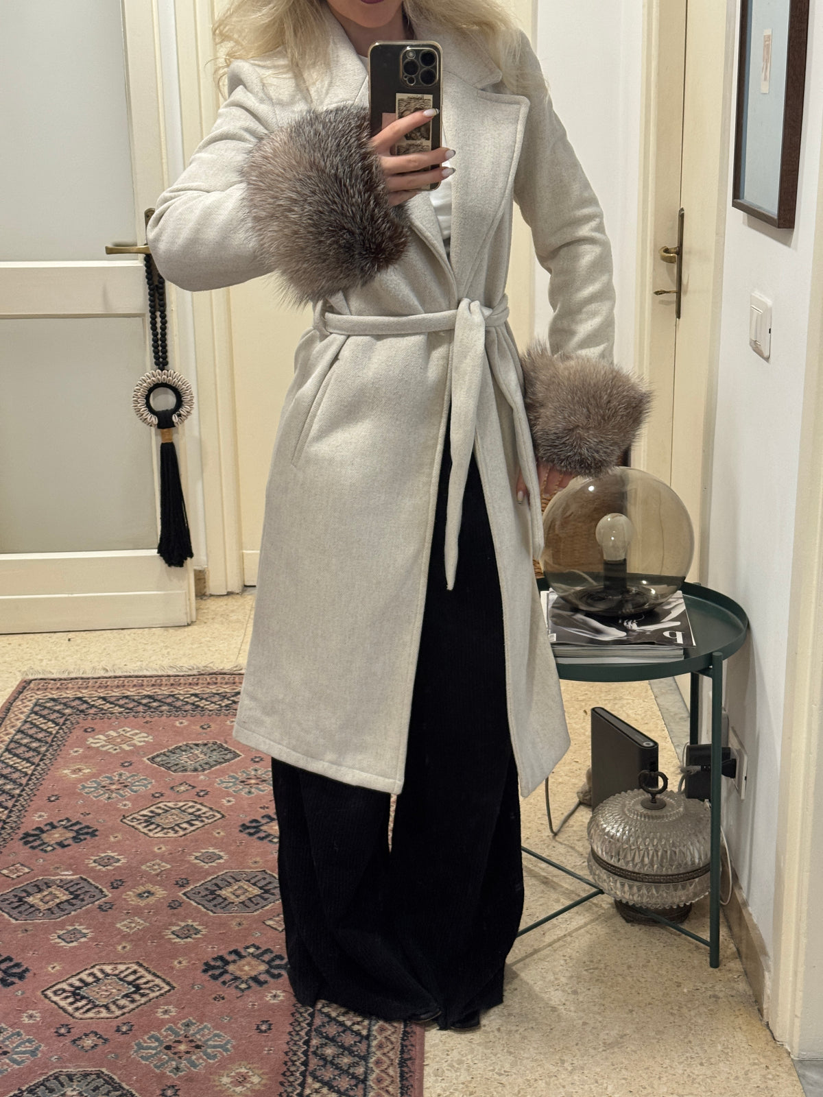 Grey Wool Coat with Detachable Fur Cuffs