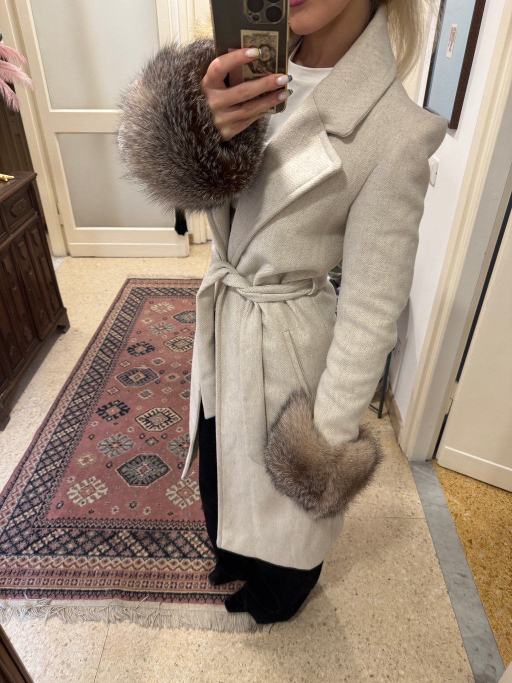 Grey Wool Coat with Detachable Fur Cuffs
