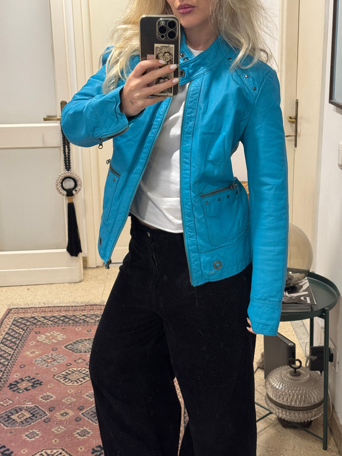Turquoise Leather Jacket with Metallic Studs