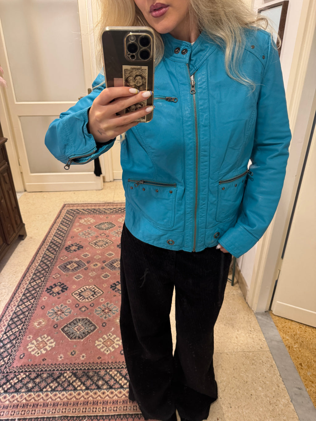 Turquoise Leather Jacket with Metallic Studs