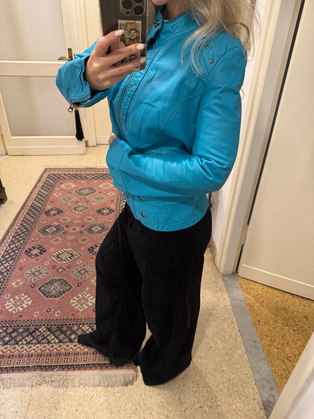 Turquoise Leather Jacket with Metallic Studs