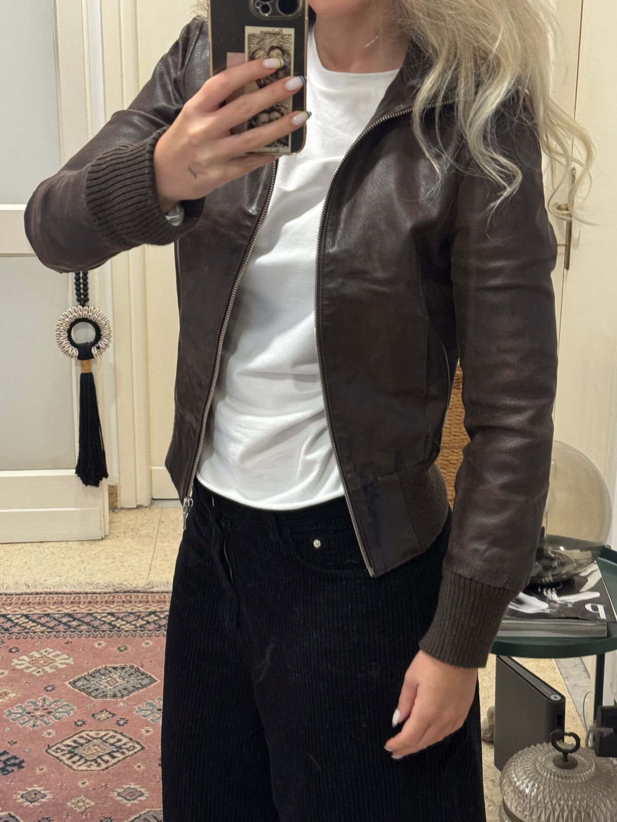Brown Leather Bomber Jacket