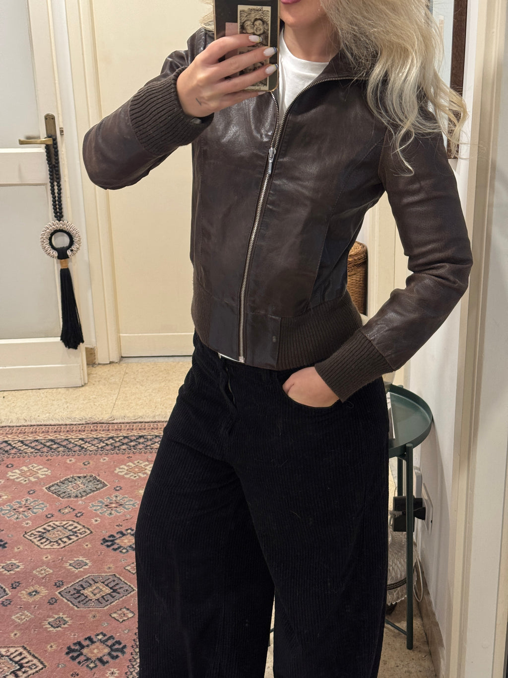 Brown Leather Bomber Jacket