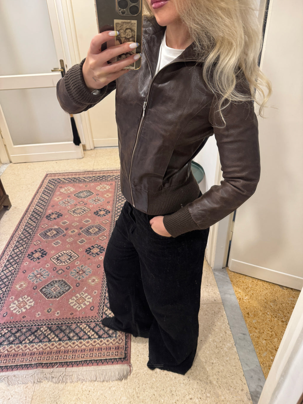 Brown Leather Bomber Jacket