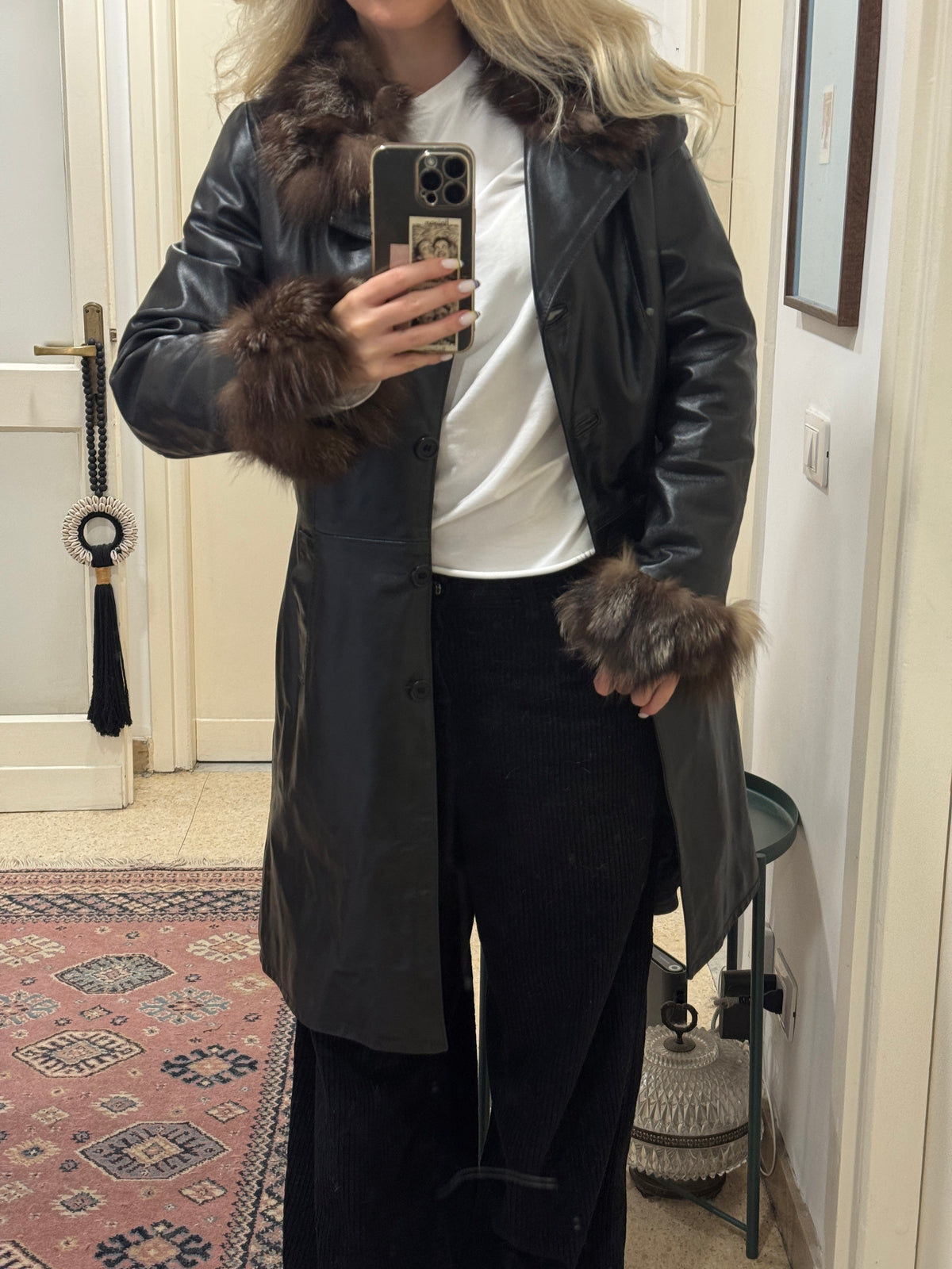 Black Leather Coat with Fur Details