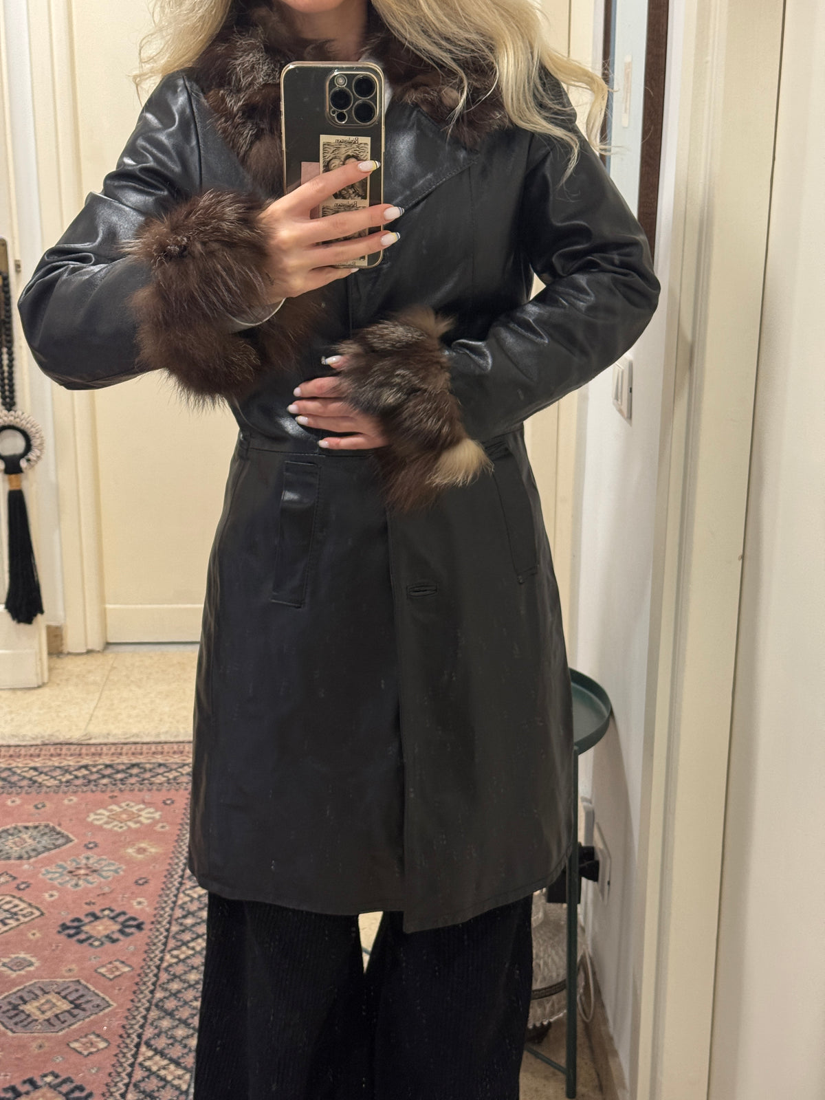 Black Leather Coat with Fur Details