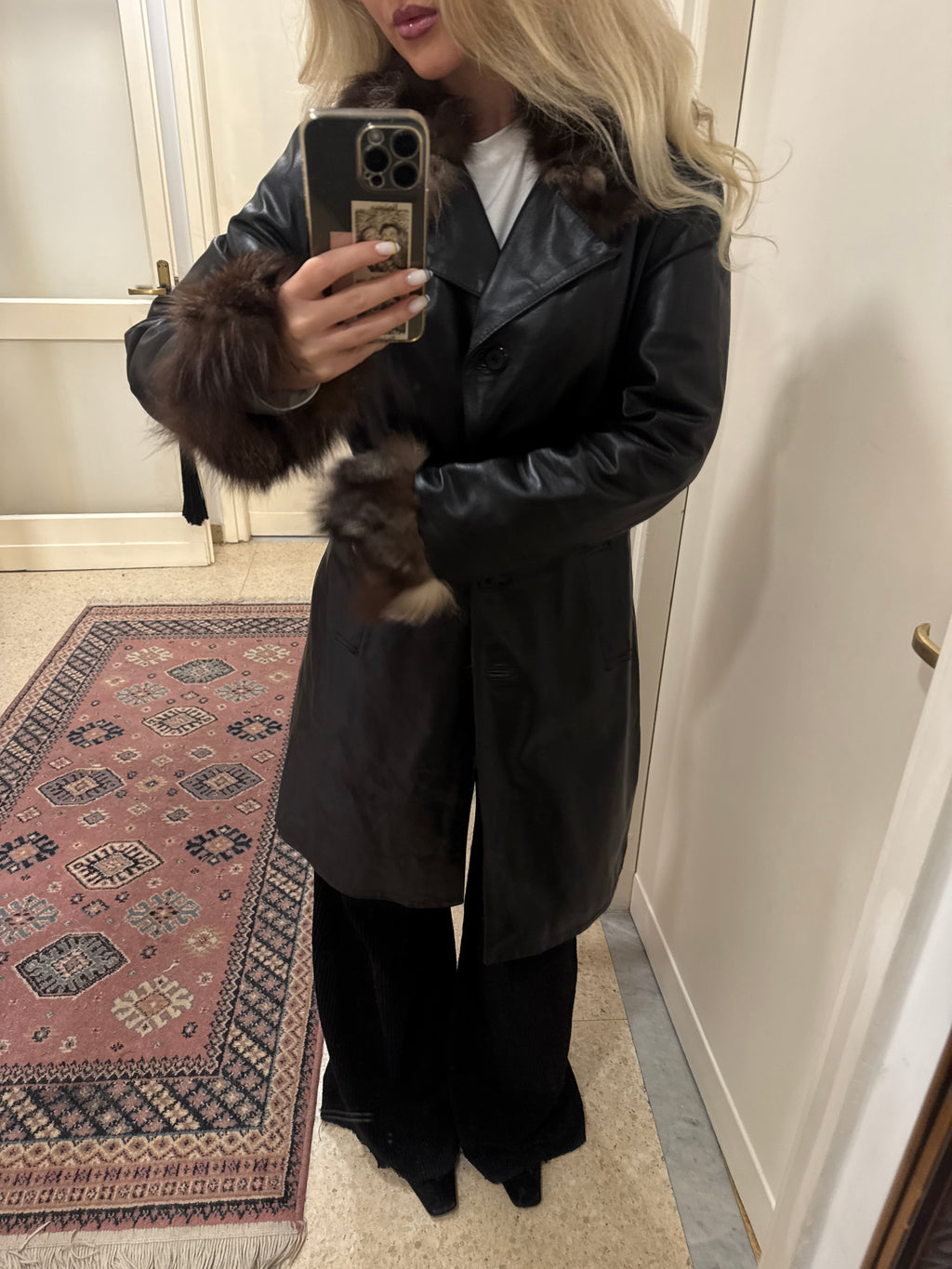 Black Leather Coat with Fur Details