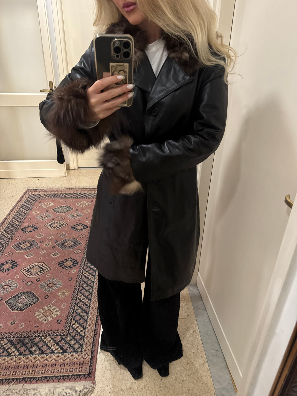 Black Leather Coat with Fur Details