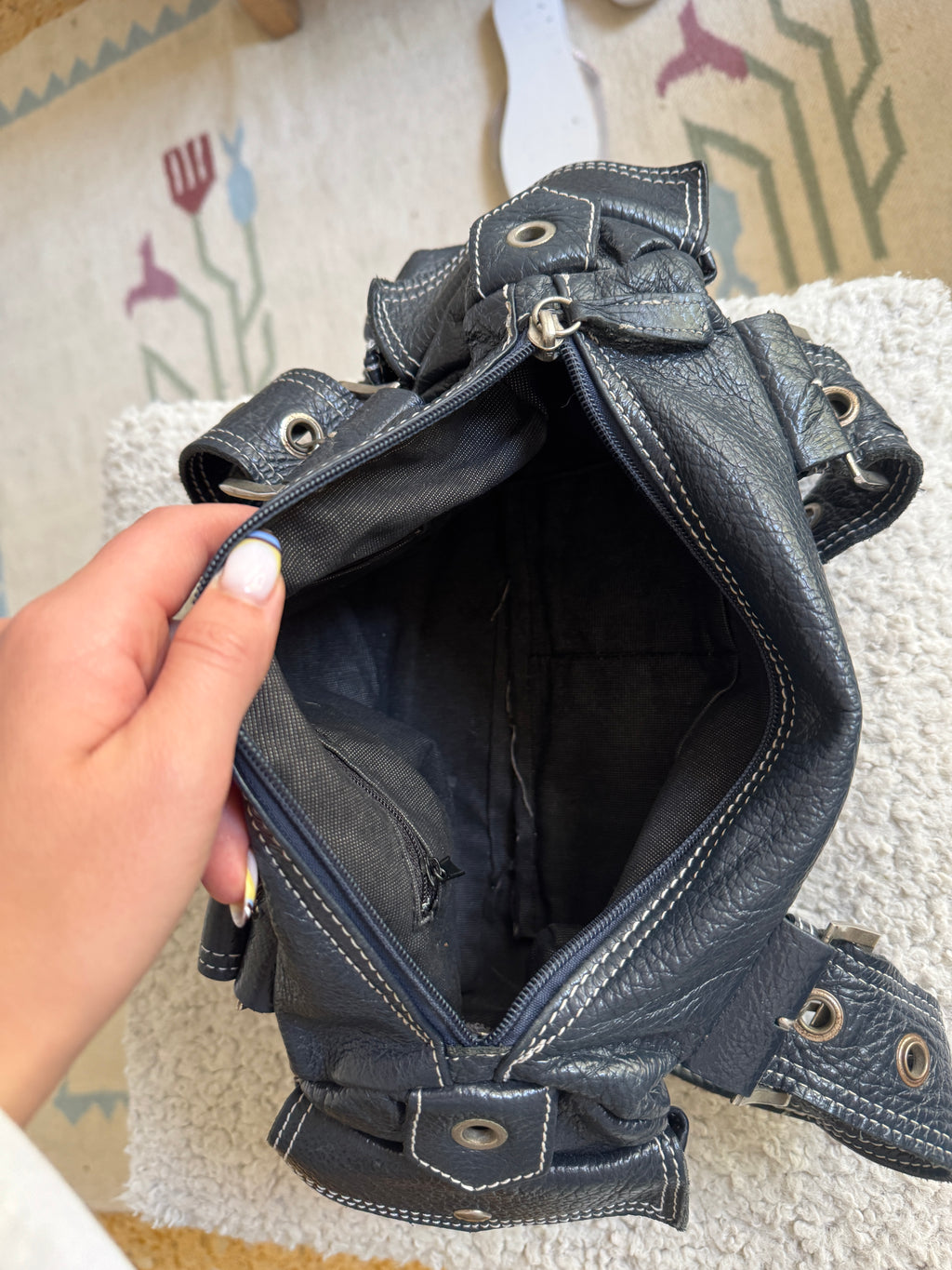 Grey Blue Leather Shoulder Bag