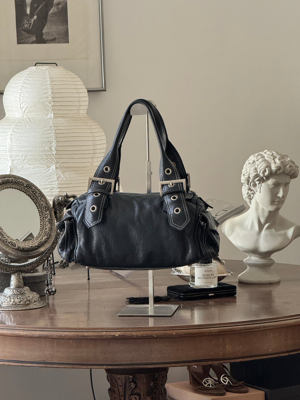 Grey Blue Leather Shoulder Bag